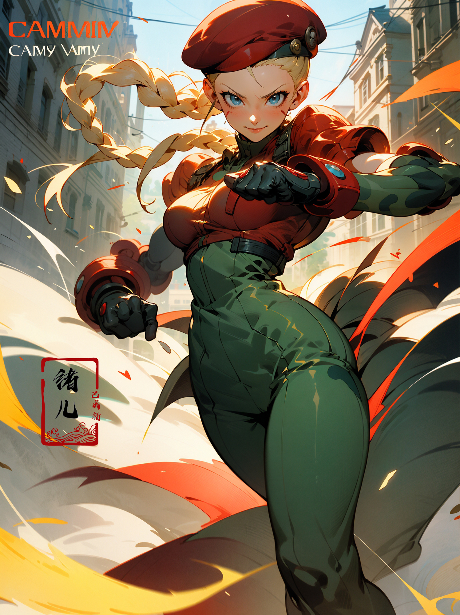 606247209521969417-1904749680-CAMMY，Epic CG masterpiece, from Capcom game Street Fighter, cammy, Cammy White (character name), red beret, camouflage face pain.jpg